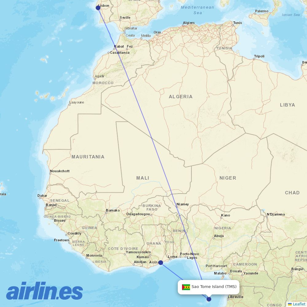 TAP Portugal from Sao Tome International destination map
