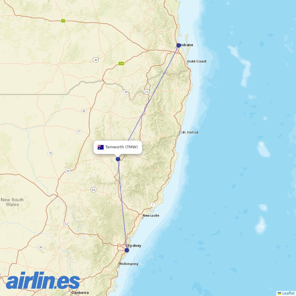 Qantas from Tamworth destination map
