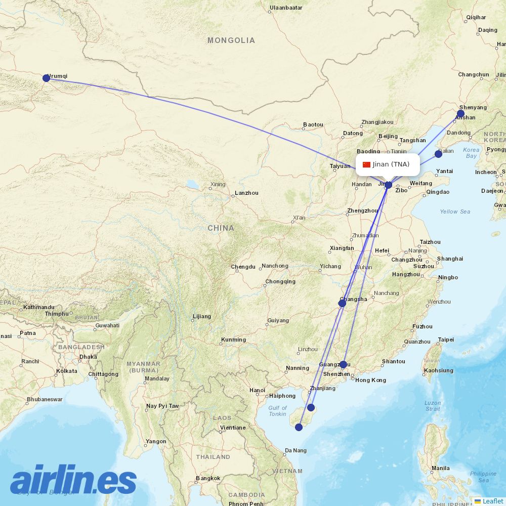 Hainan Airlines from Jinan Yaoqiang International Airport destination map