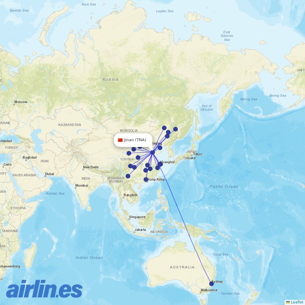 China Eastern Airlines from Jinan Yaoqiang International Airport destination map