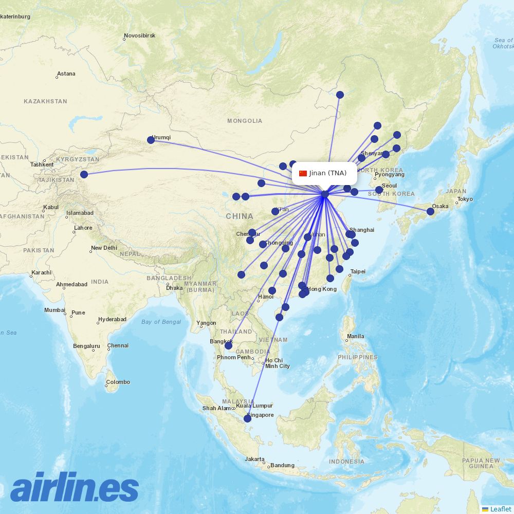 Shandong Airlines from Jinan Yaoqiang International Airport destination map