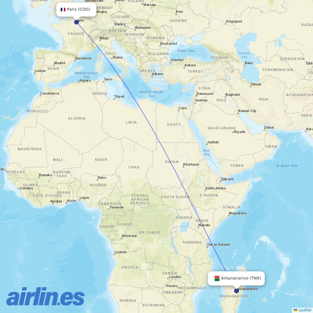 Air France from Antananarivo Ivato destination map