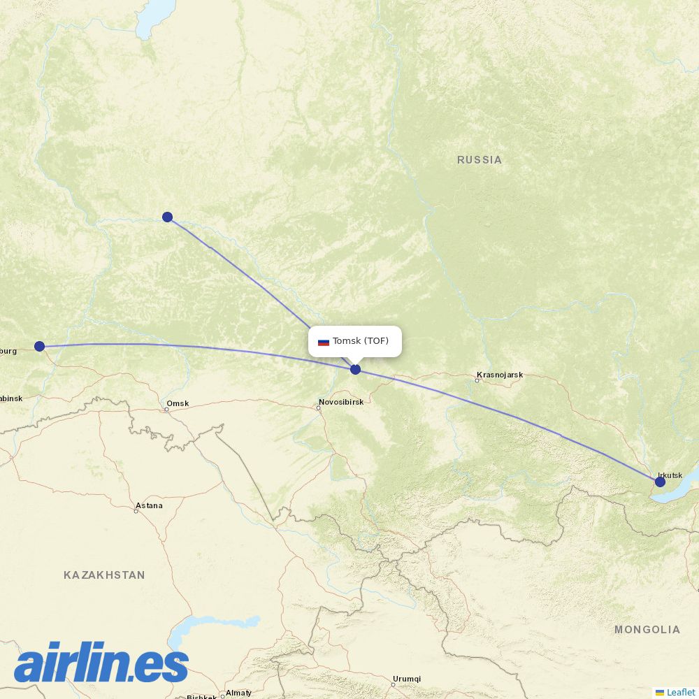 UTair from Tomsk Bogashevo Airport destination map