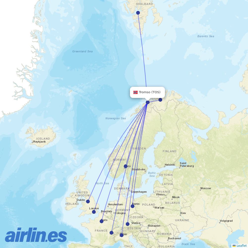 Norwegian Air Shuttle from Tromso destination map