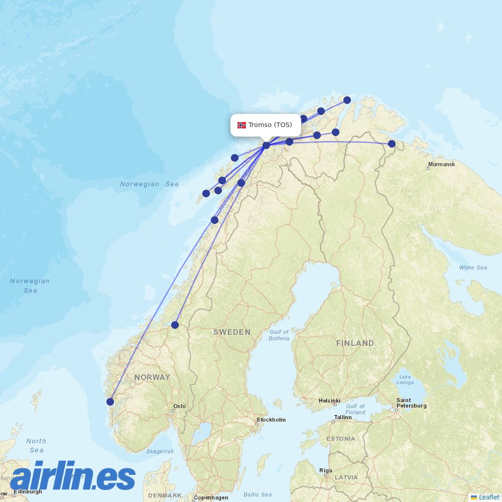 Wideroe from Tromso destination map