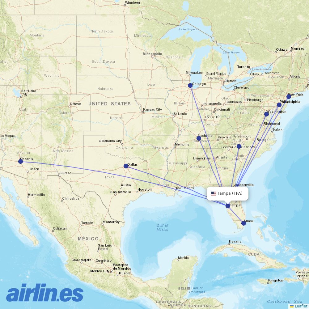 American Airlines from Tampa International destination map