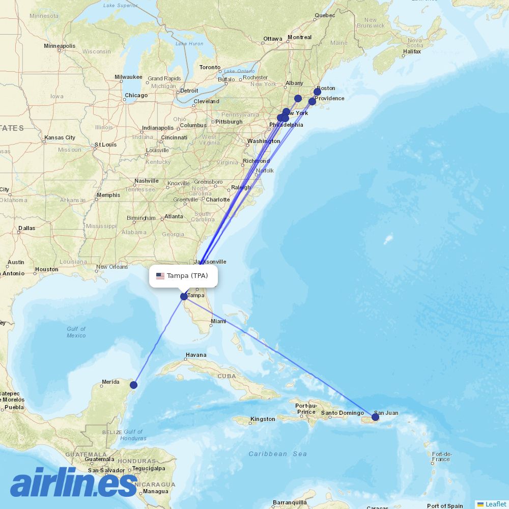 JetBlue Airways from Tampa International destination map