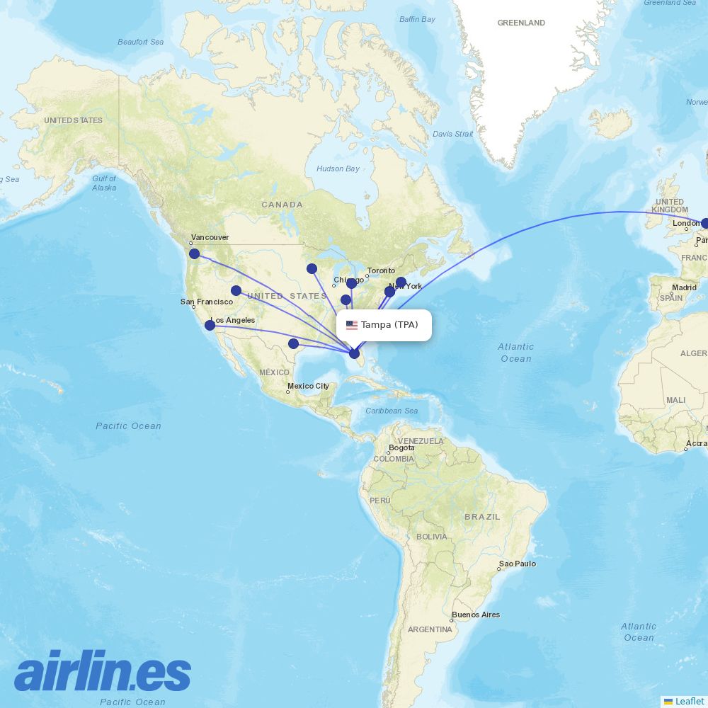 Delta Air Lines from Tampa International destination map