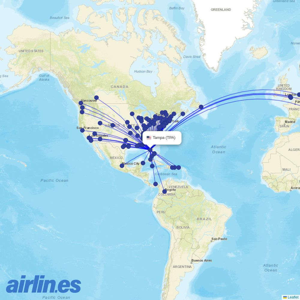 Porter Airlines from Tampa International destination map