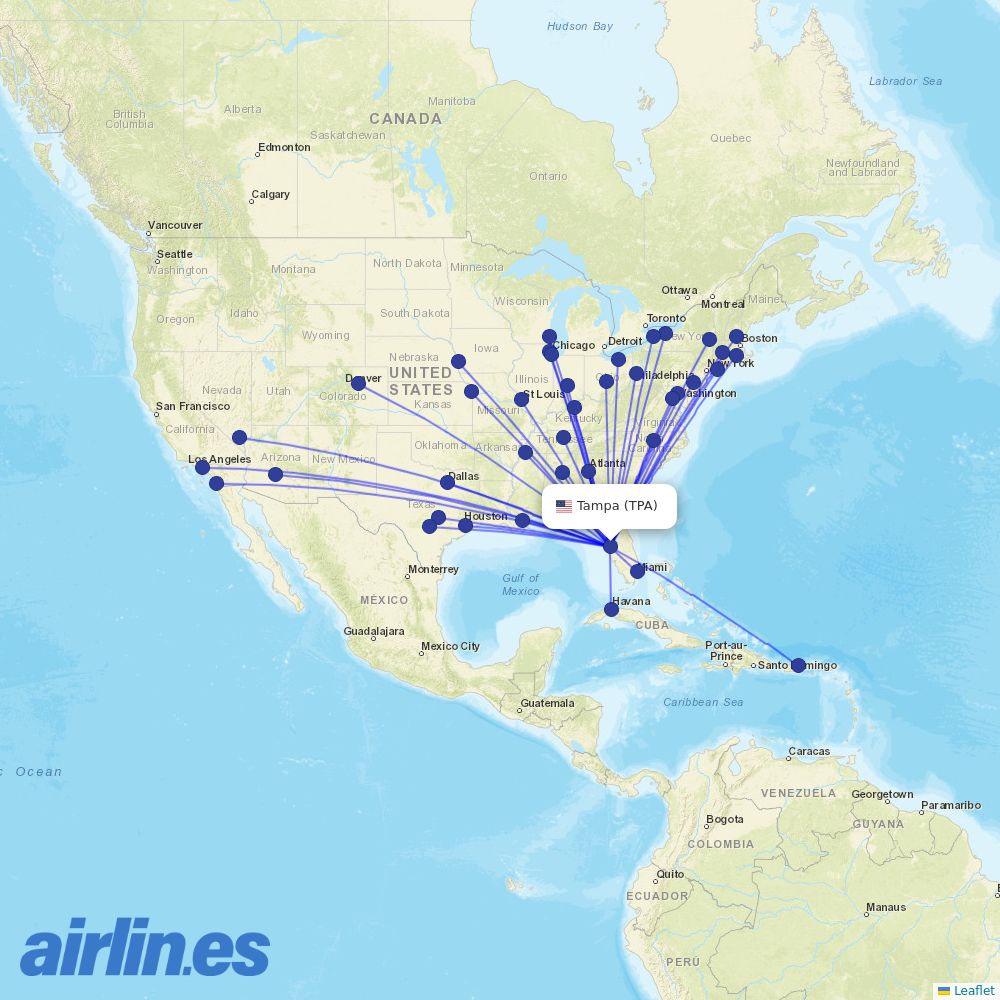 Southwest Airlines from Tampa International destination map