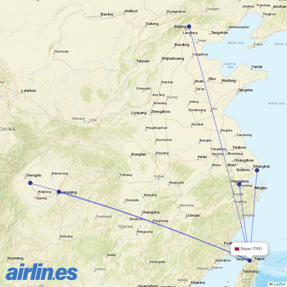 Air China from Taoyuan International Airport destination map