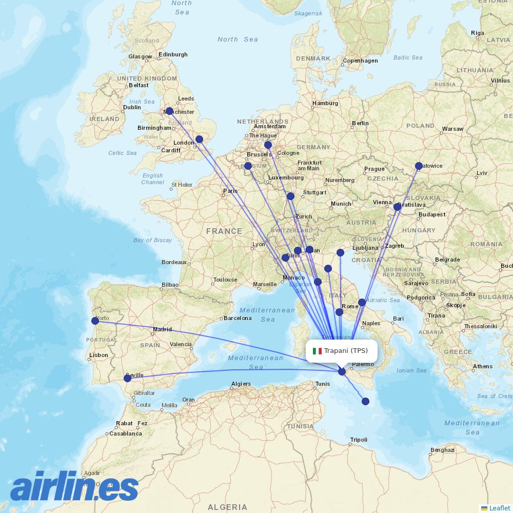 Ryanair from Trapani Birgi destination map