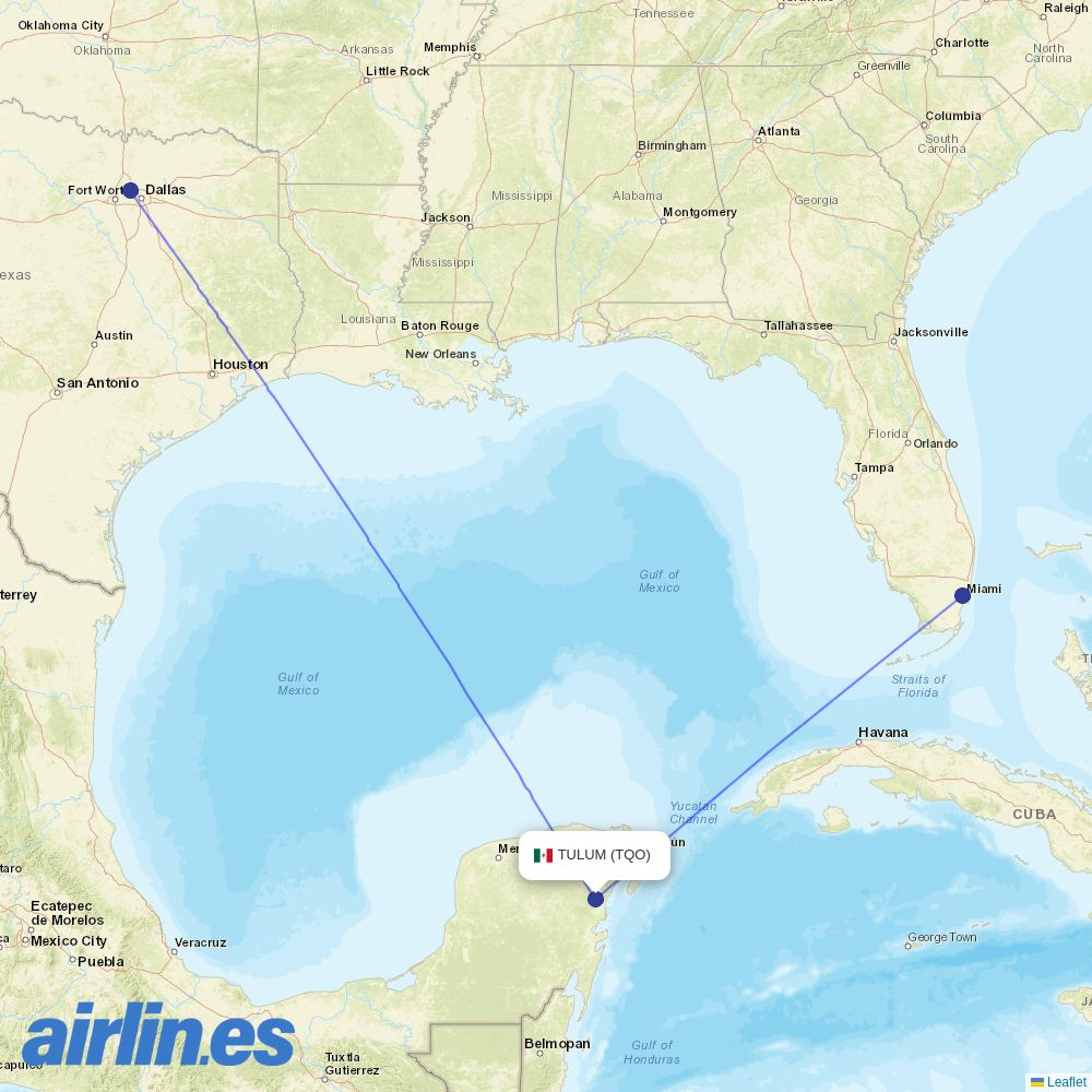 American Airlines from Felipe Carrillo Puerto Airport destination map