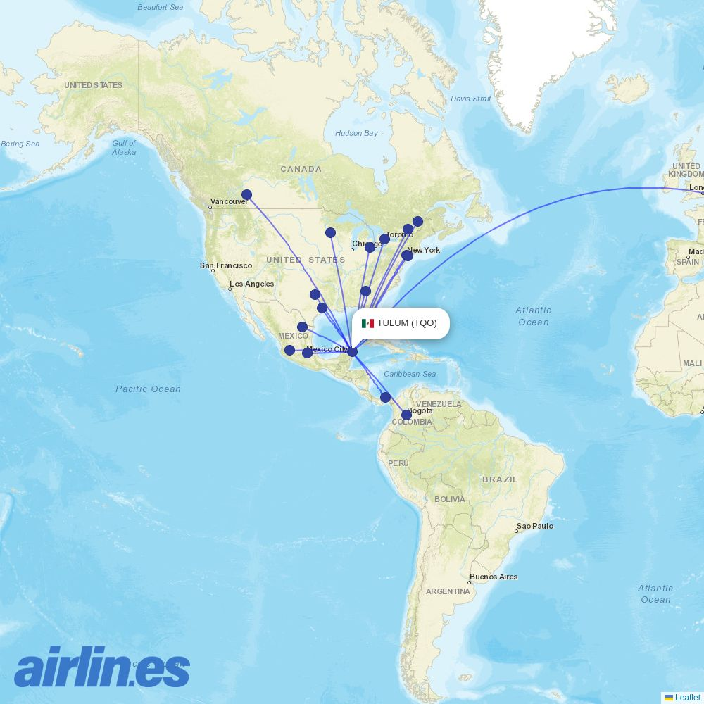Air Canada from Felipe Carrillo Puerto Airport destination map