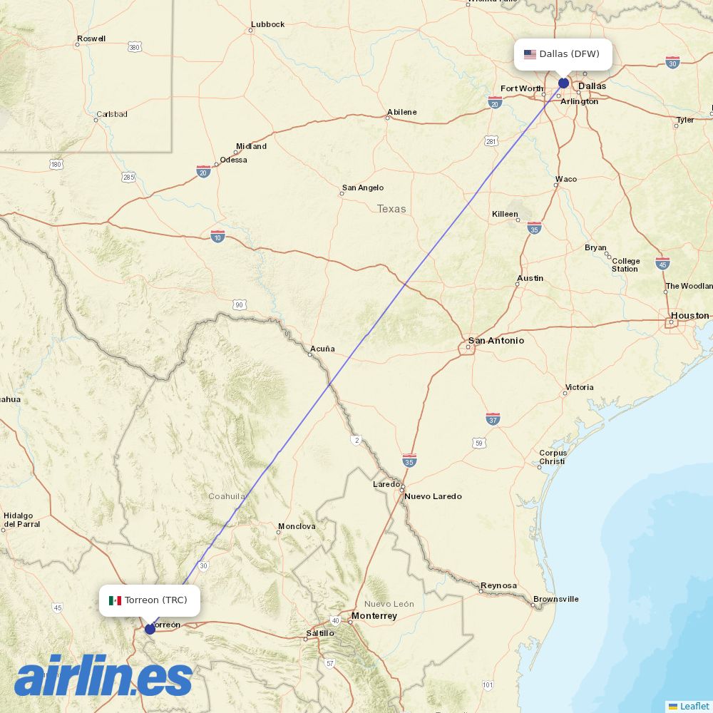 American Airlines from Torreon International destination map