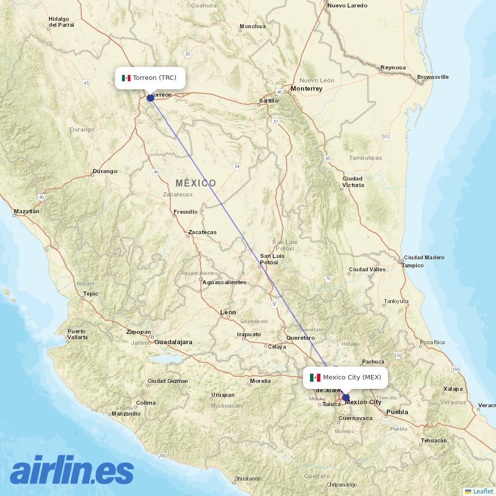 Aeromexico from Torreon International destination map