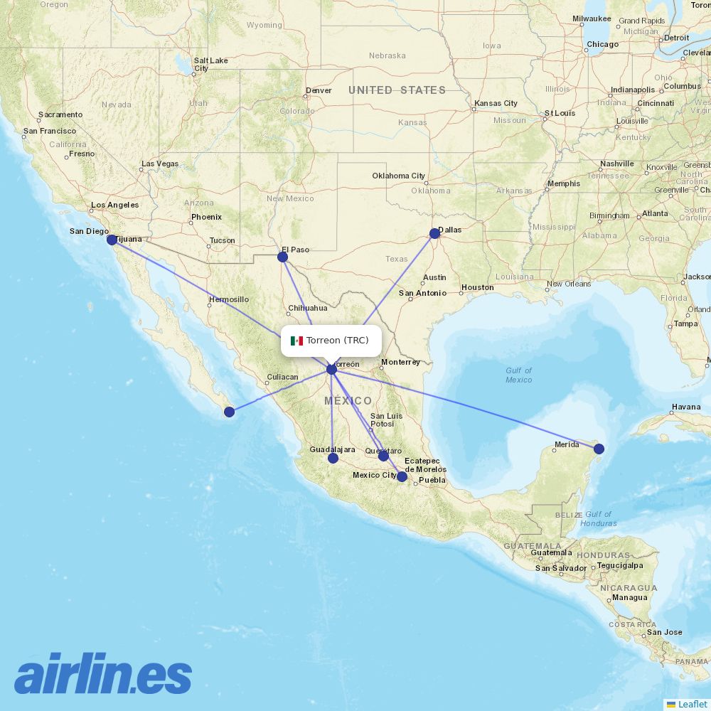 Volaris from Torreon International destination map