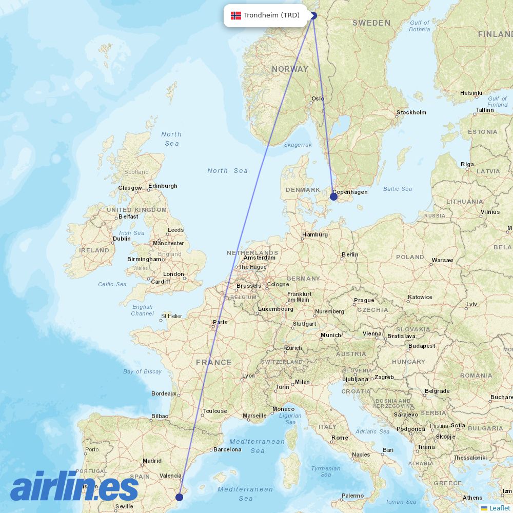 Norwegian Air Sweden from Trondheim Vaernes destination map