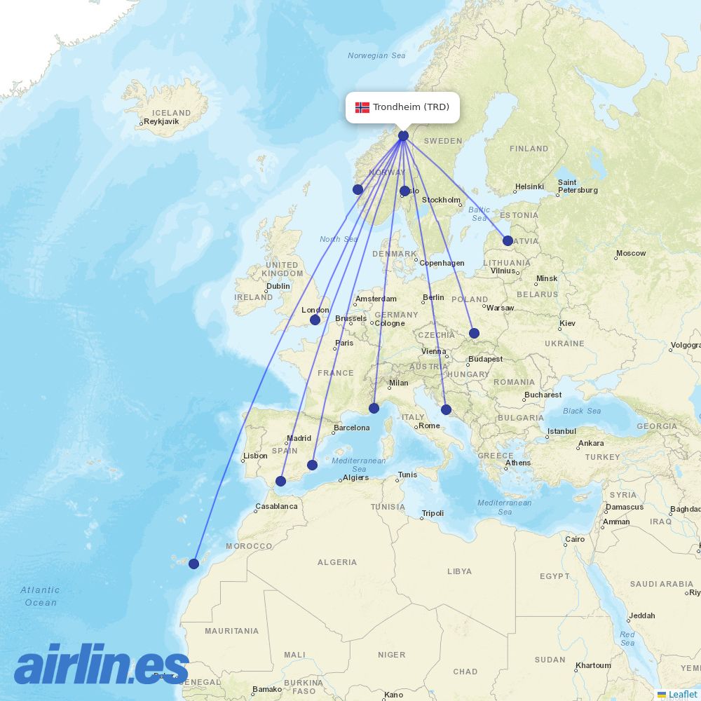 Norwegian Air Shuttle from Trondheim Vaernes destination map