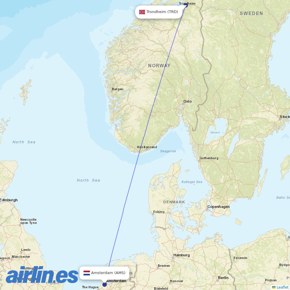 KLM from Trondheim Vaernes destination map