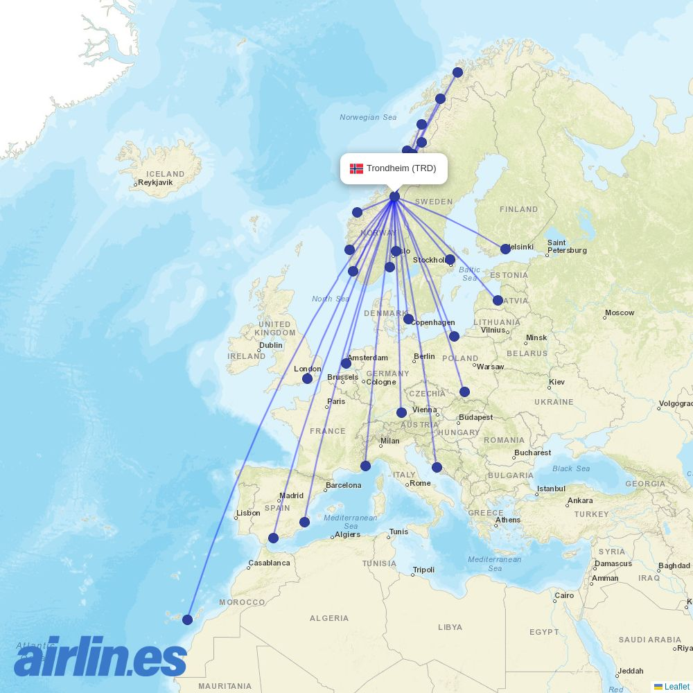 Lufthansa from Trondheim Vaernes destination map