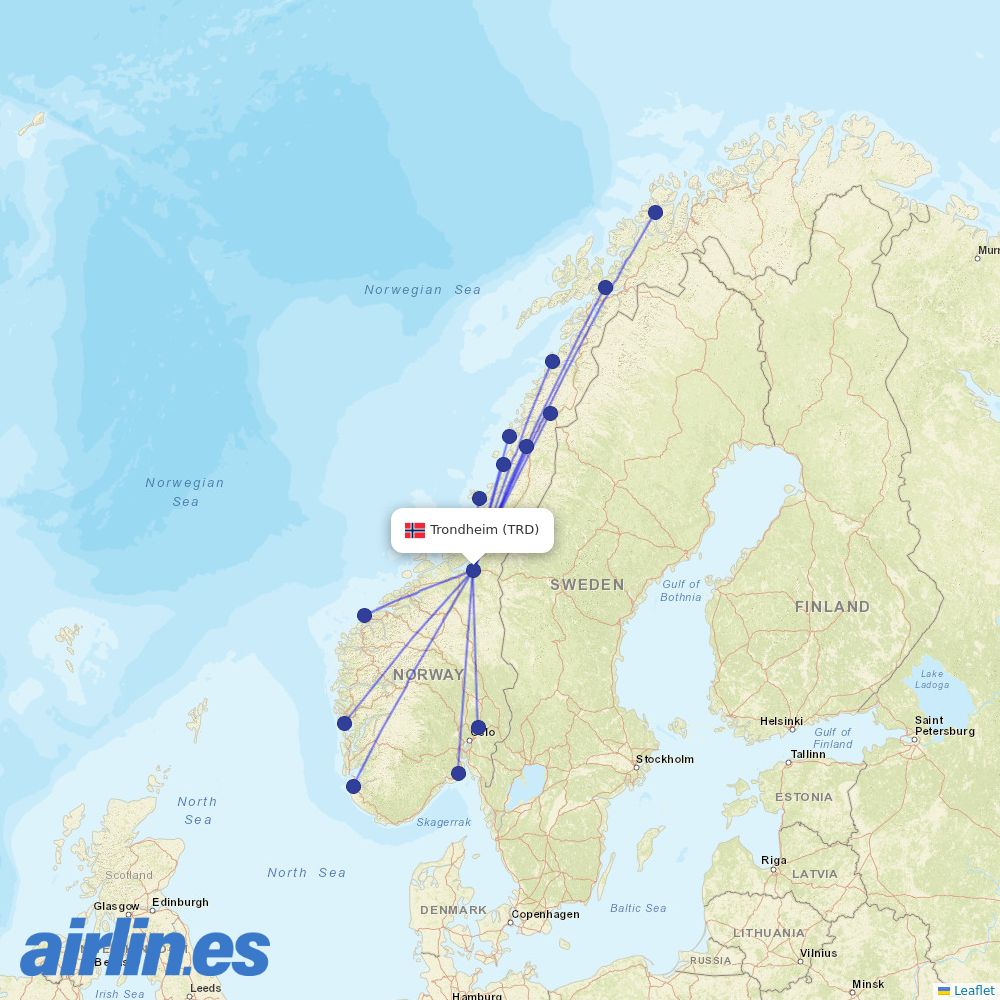 Wideroe from Trondheim Vaernes destination map