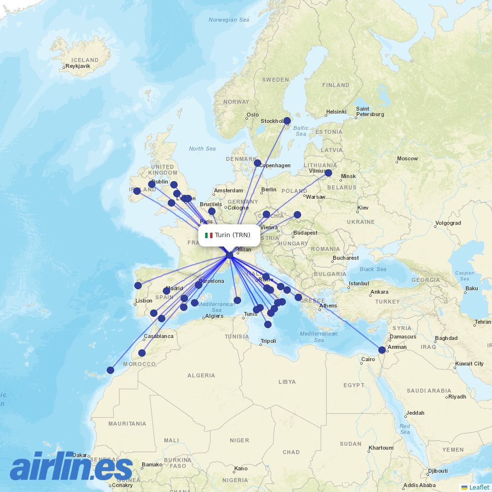 Ryanair from Turin Airport destination map