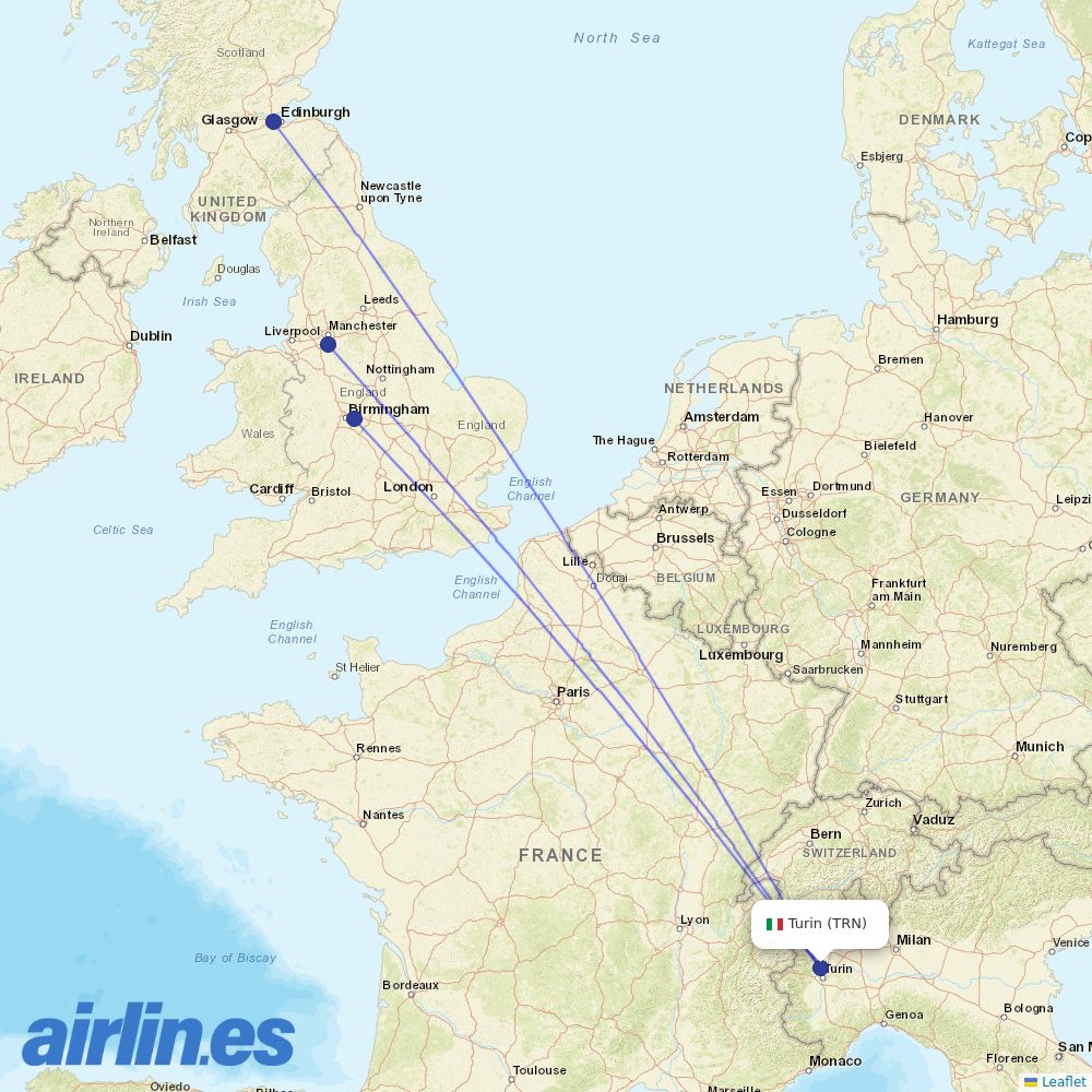 Jet2 from Turin Airport destination map