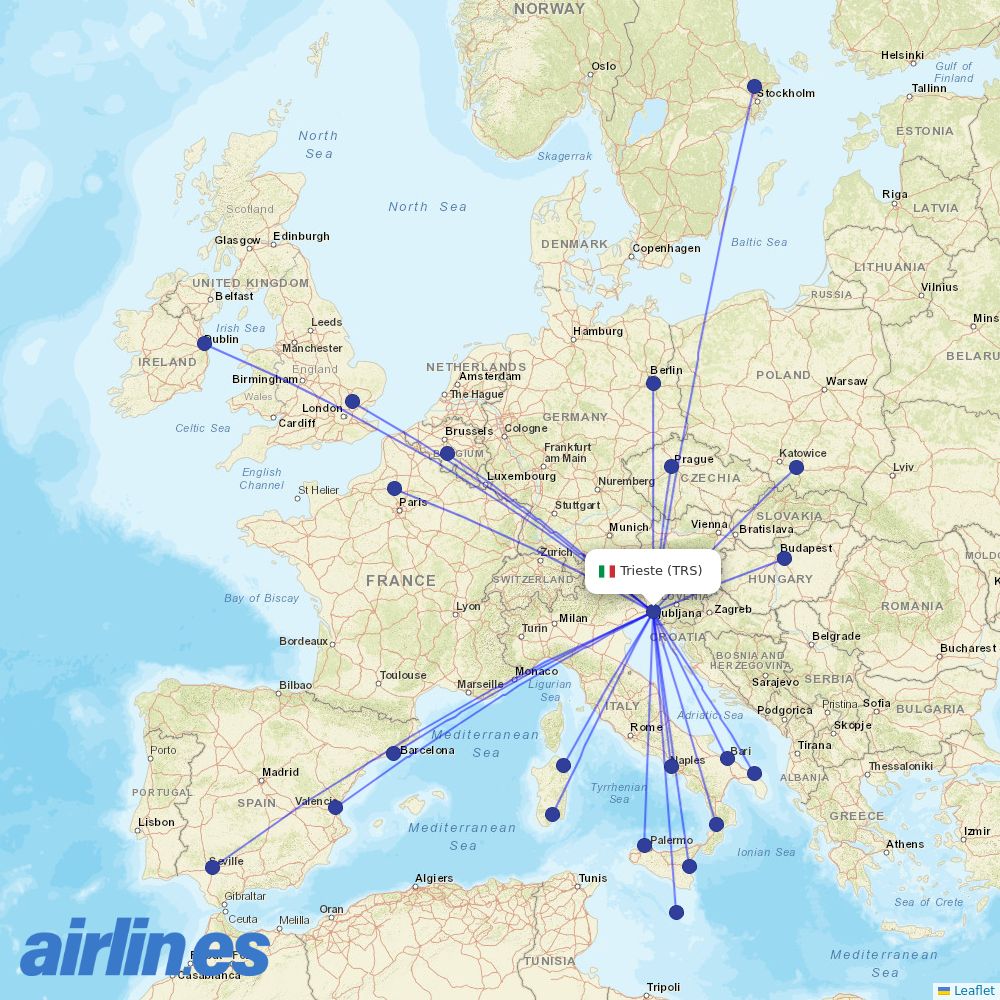 Ryanair from Trieste destination map