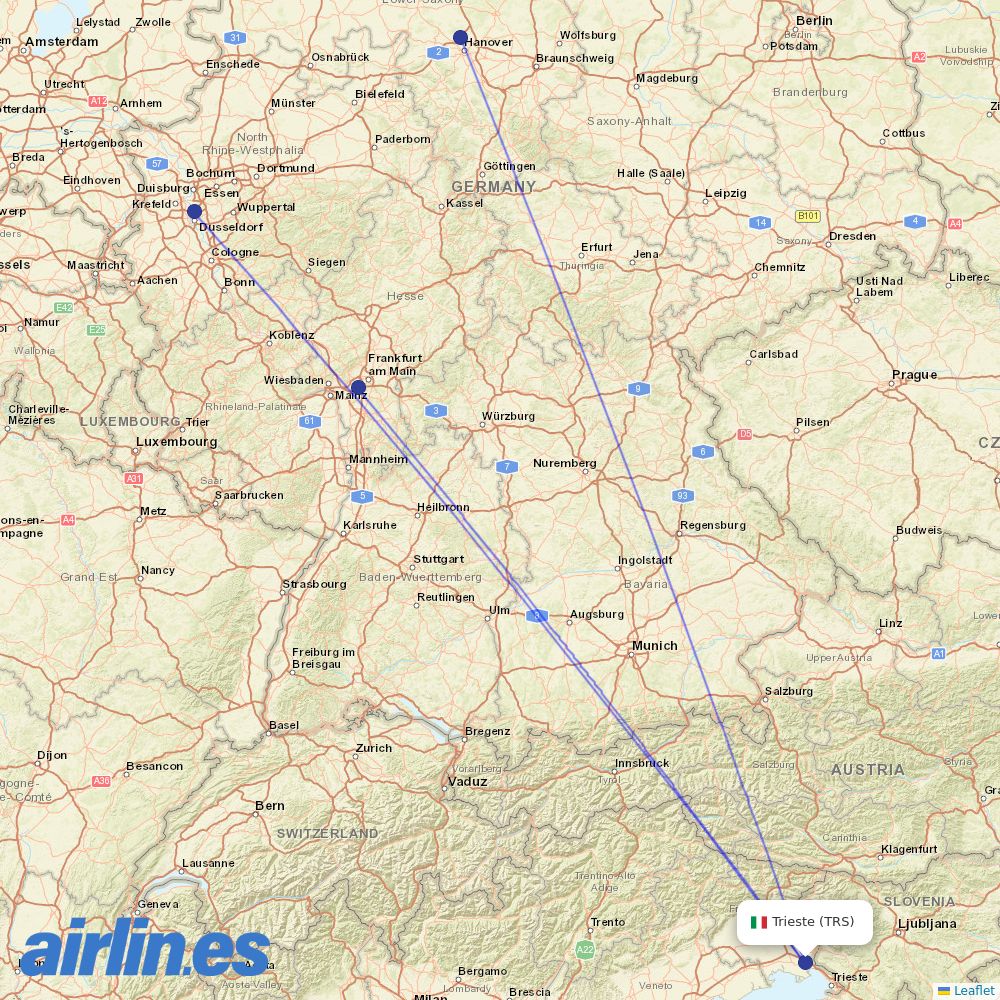TUI fly Deutschland from Trieste destination map