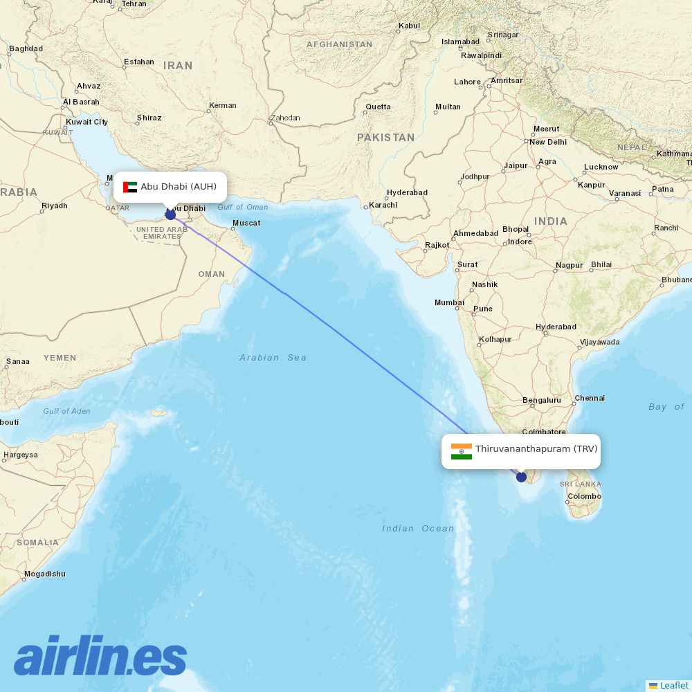 Air Arabia Abu Dhabi from Thiruvananthapuram International destination map