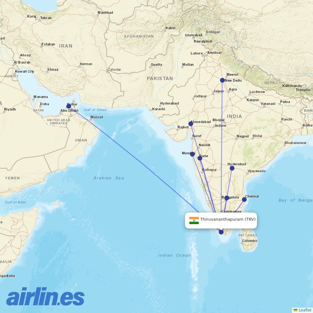 IndiGo from Thiruvananthapuram International destination map