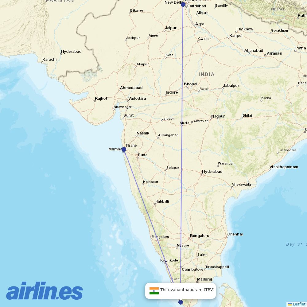 Air India from Thiruvananthapuram International destination map