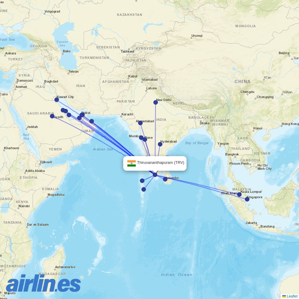 Air India Express from Thiruvananthapuram International destination map