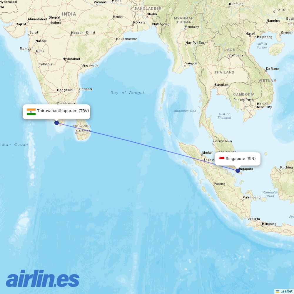 Scoot from Thiruvananthapuram International destination map