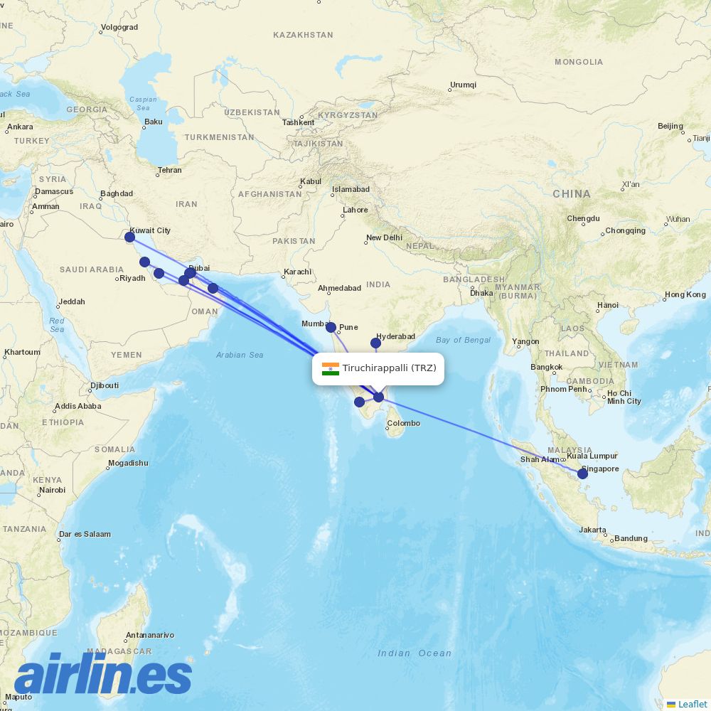 Air India Express from Tiruchirappalli destination map