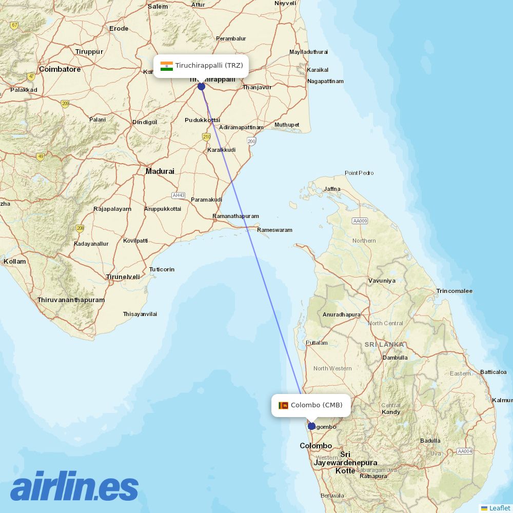 SriLankan Airlines from Tiruchirappalli destination map