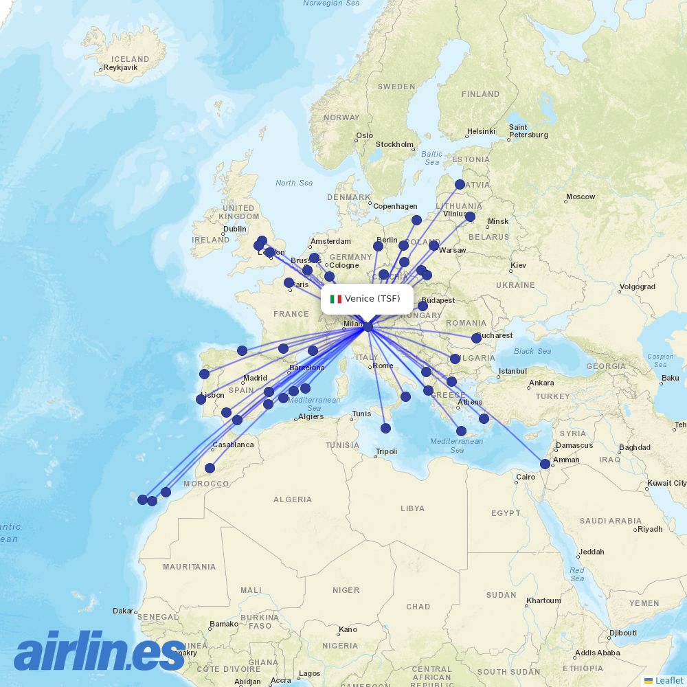 Ryanair from Treviso Airport destination map