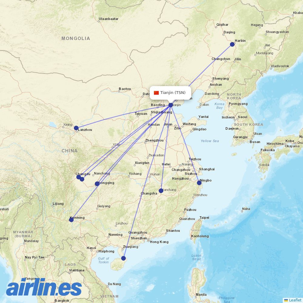 Sichuan Airlines from Tianjin Binhai International Airport destination map