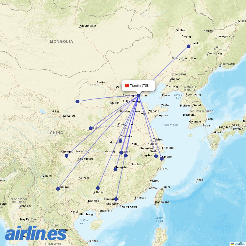 Okay Airways from Tianjin Binhai International Airport destination map
