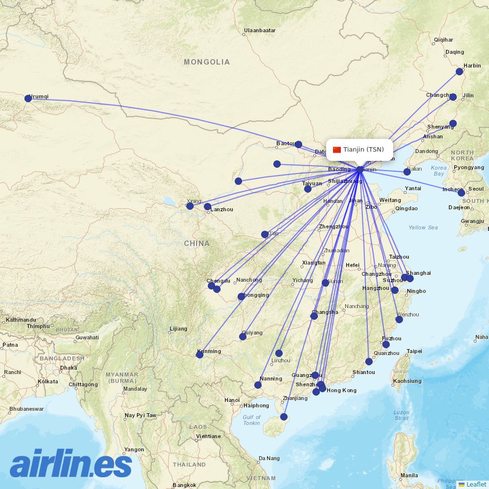 Air China from Tianjin Binhai International Airport destination map