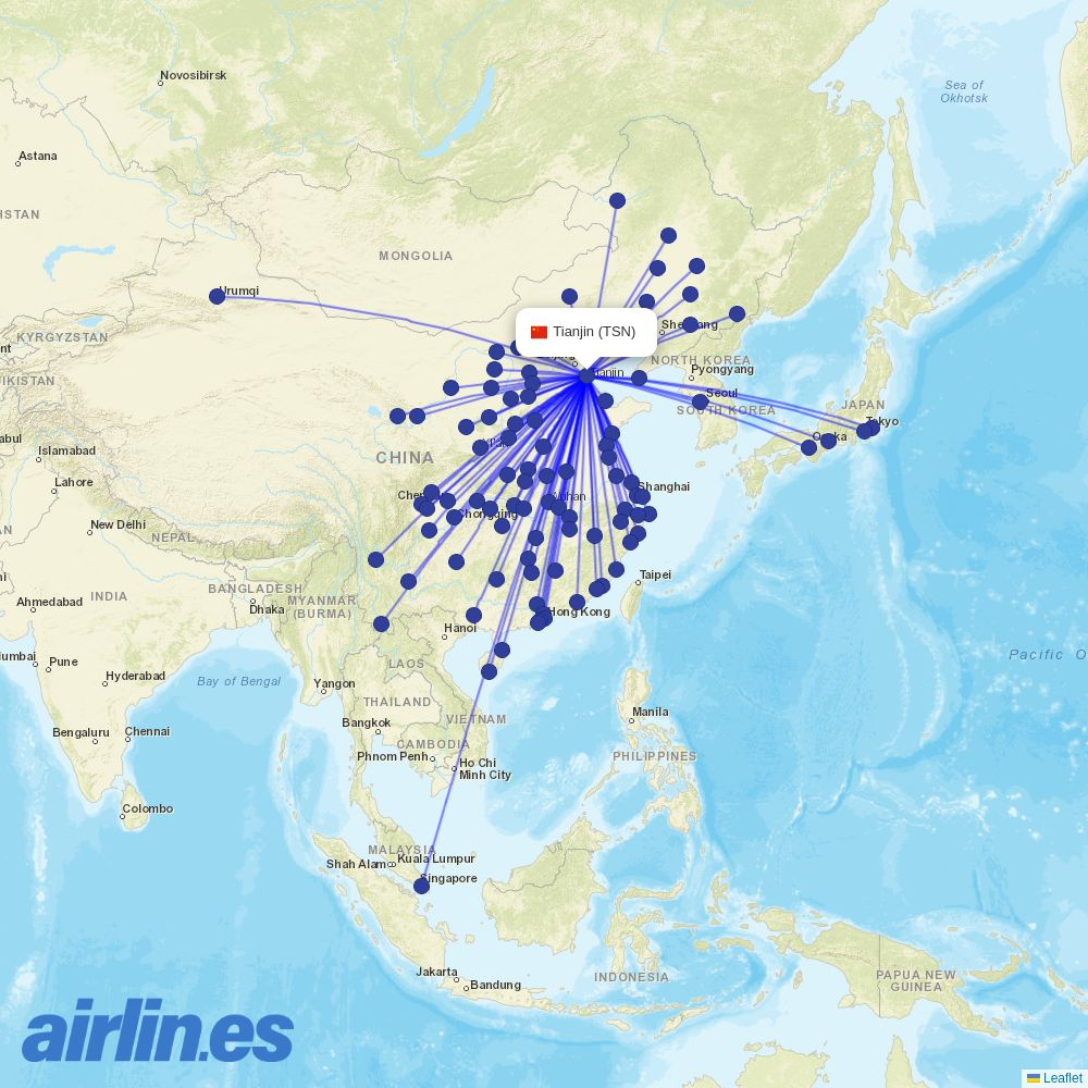 Qingdao Airlines from Tianjin Binhai International Airport destination map