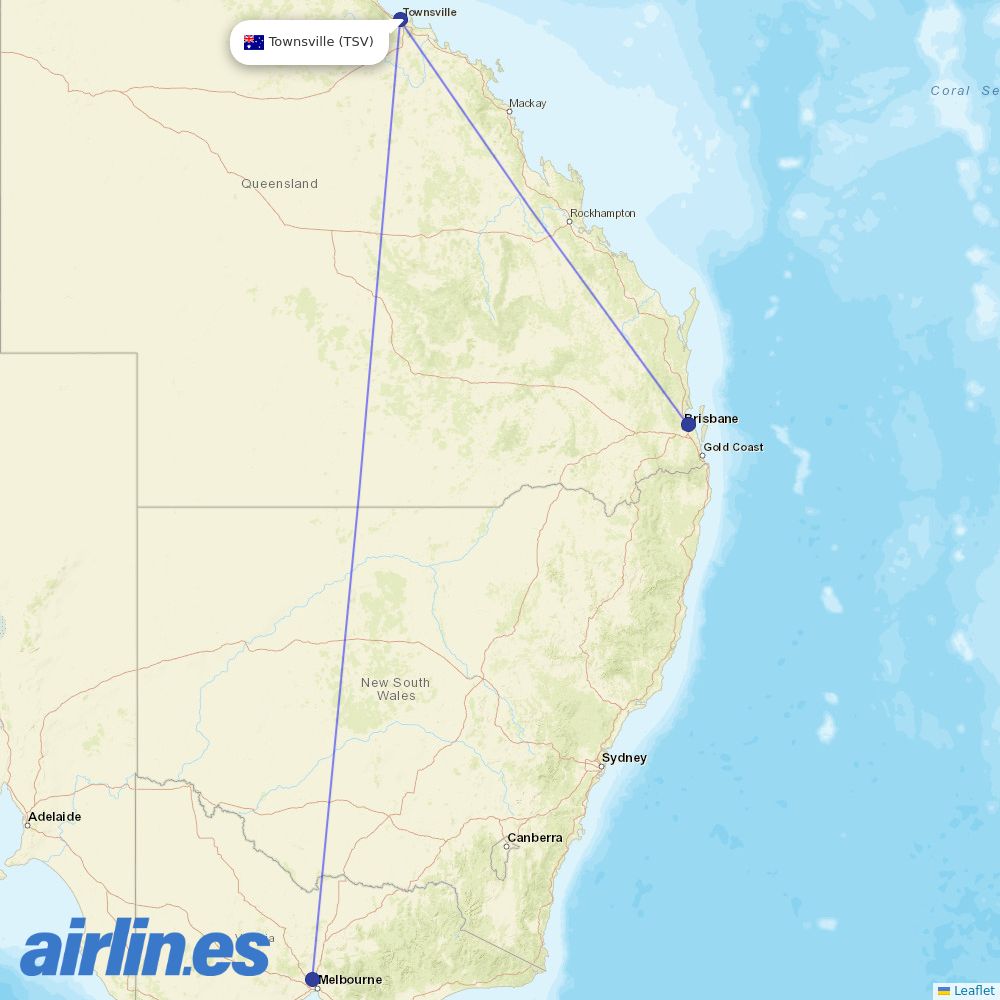 Virgin Australia from Townsville destination map