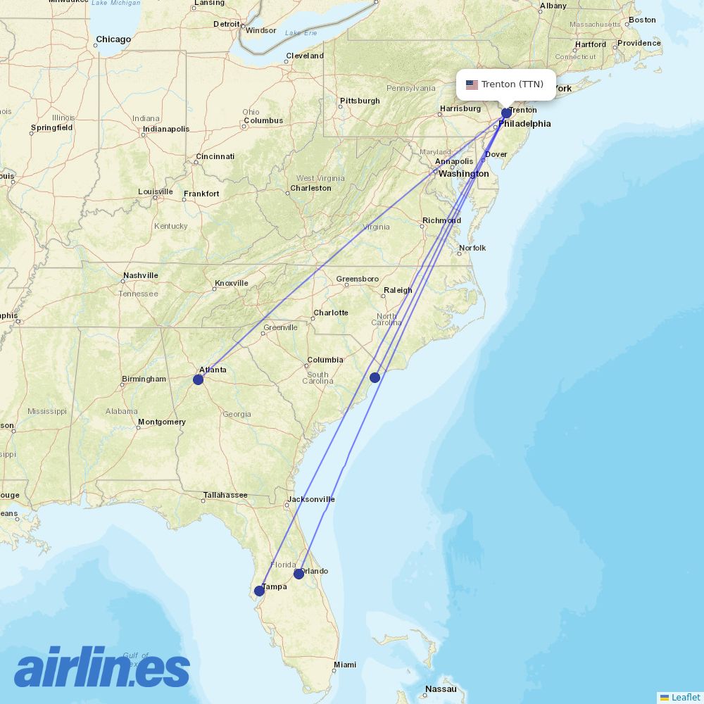 Frontier Airlines from Trenton Mercer destination map