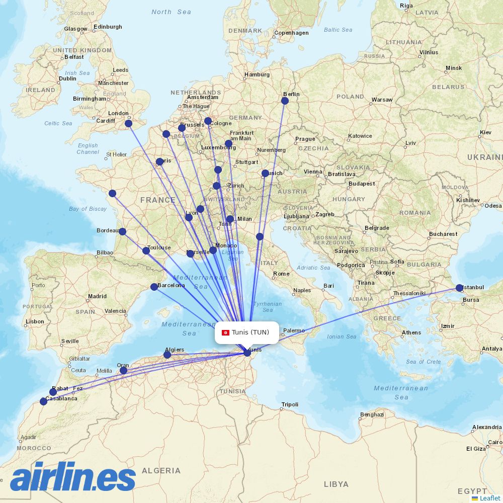 Nouvelair Tunisie from Tunis–Carthage International Airport destination map