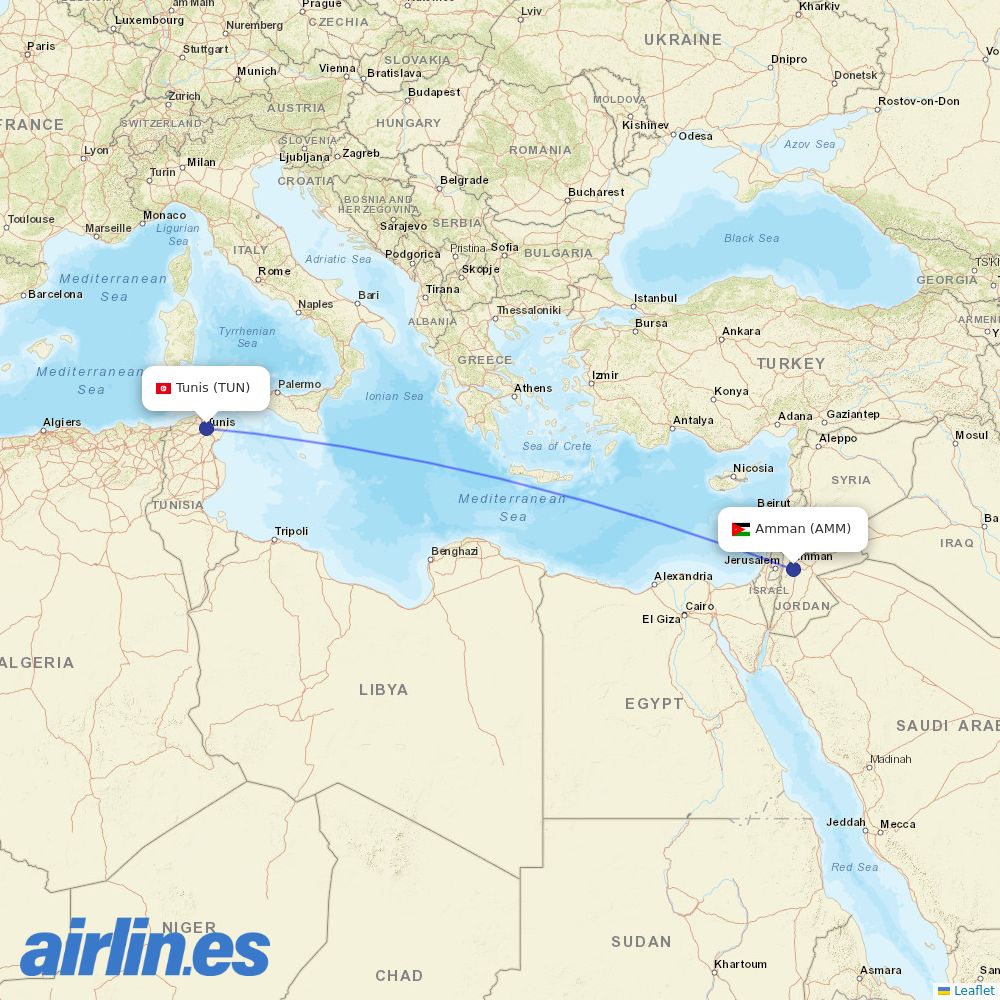 Royal Jordanian from Tunis–Carthage International Airport destination map