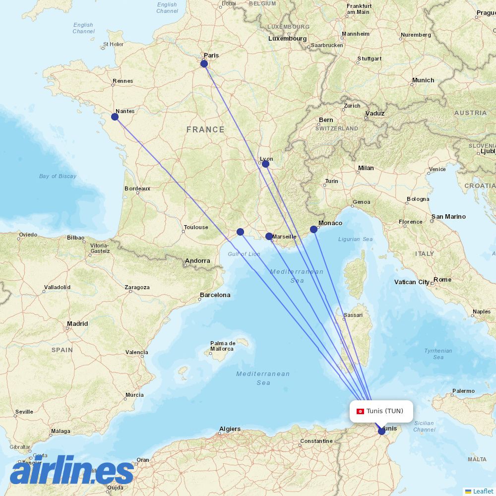 Transavia France at TUN route map