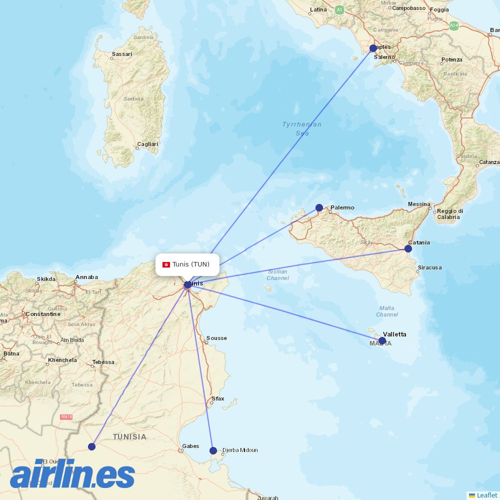 Tunisair Express from Tunis–Carthage International Airport destination map