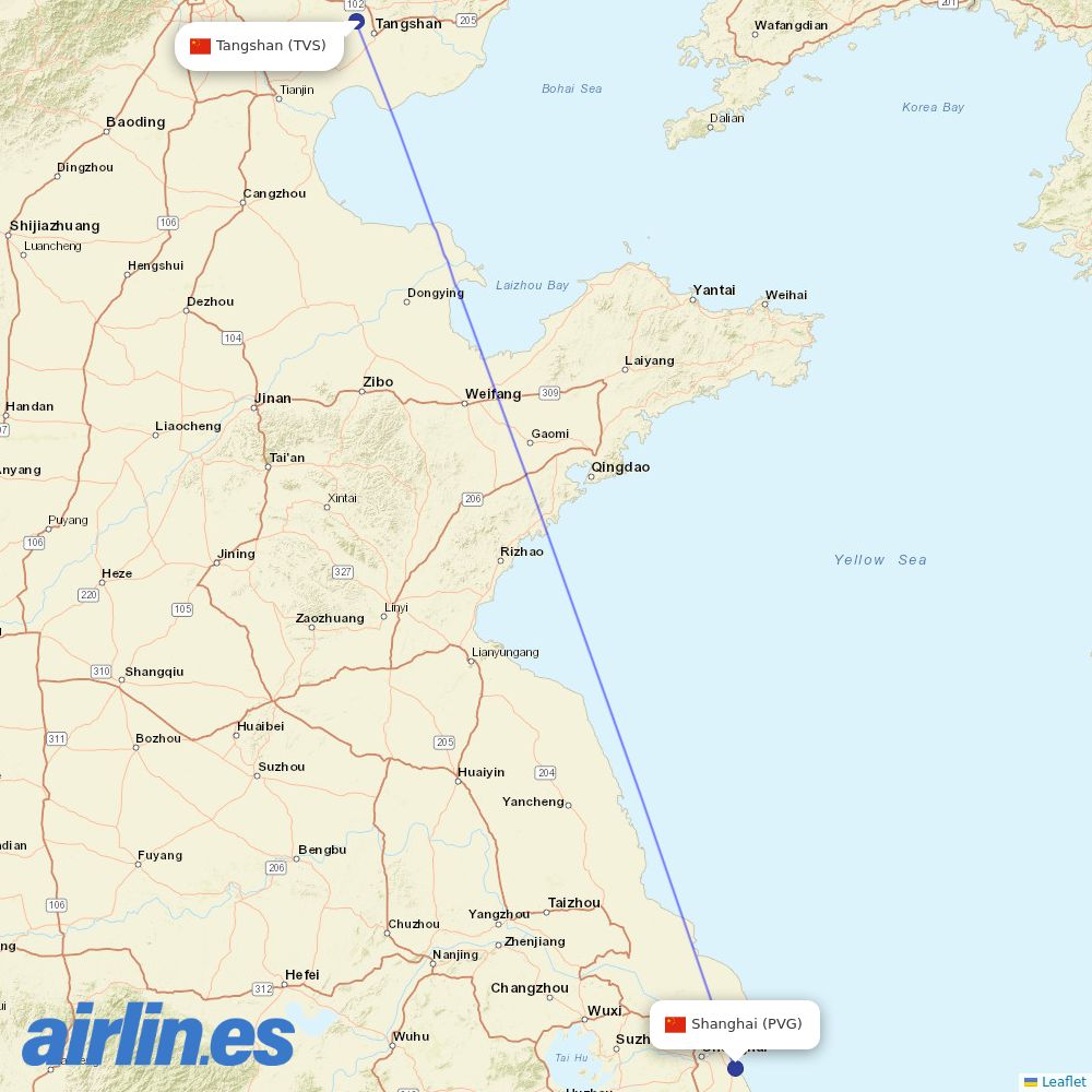 Shanghai Airlines from Tangshan Sannuhe Airport destination map