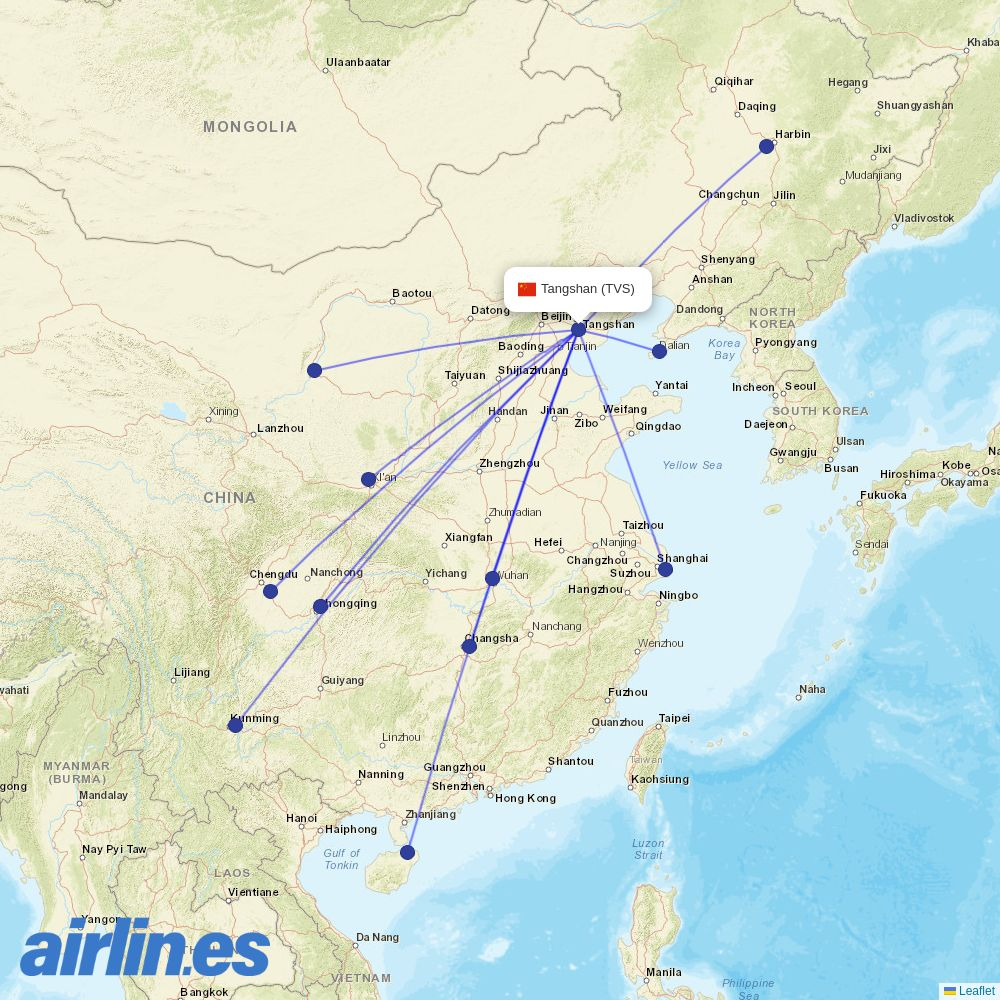 Tianjin Airlines from Tangshan Sannuhe Airport destination map